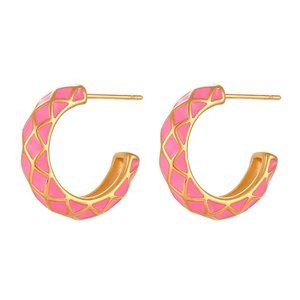 Light Pink Enamel Geometric‎ Pattern Hoop Earrings 18K Gold Plated Stainless